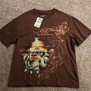 Ed Hardy Brown Bulldog Graphic Tee with Multicolor Print